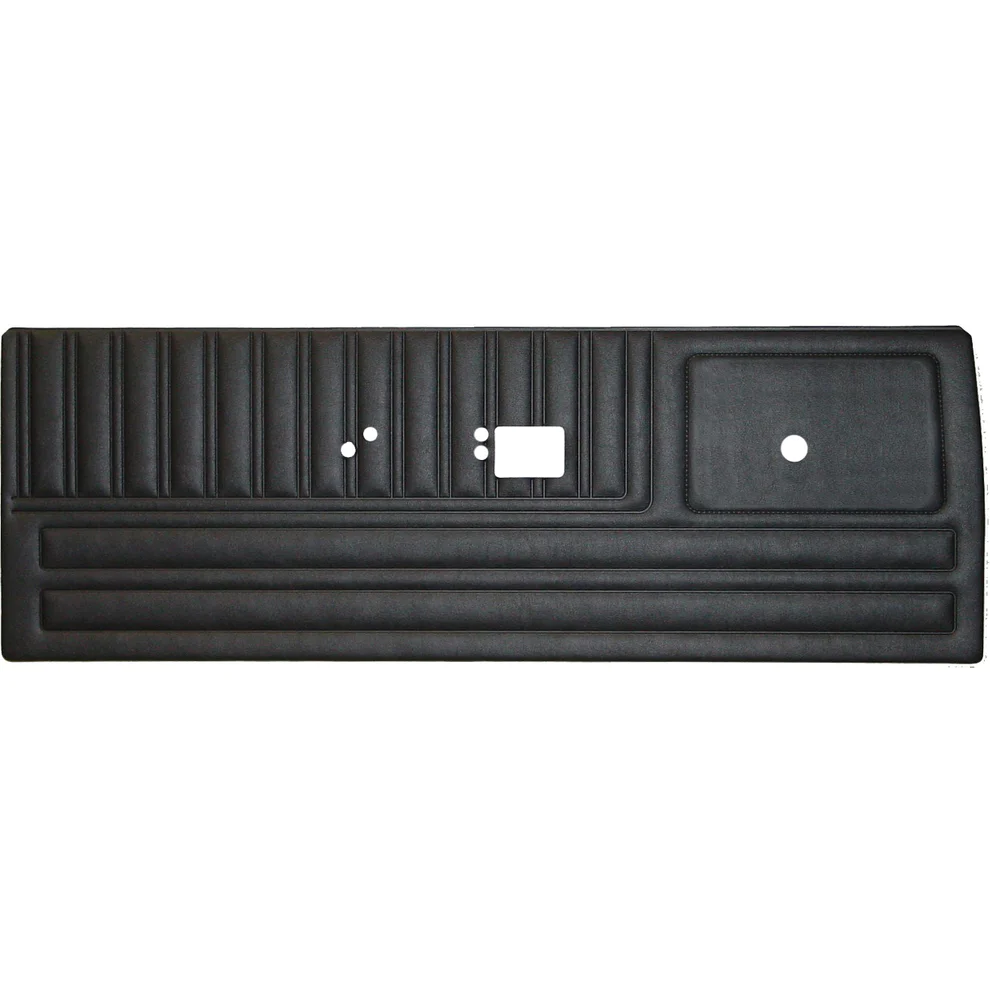 Front door panels. Pair. Standard. Bucket or bench seat style.
1970 Duster, Duster 340

Die-electrically heat-sealed coachman grain vinyl.  Special cutout area in filler board to accommodate armrest base.  Padded multi-level construction 3 Dimensional Panel.

Web orders place color selection in the notes.