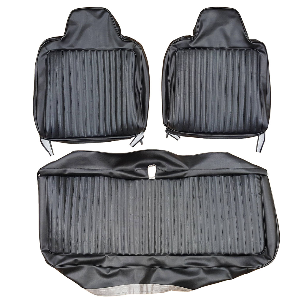 Seat Upholstery, Front split bench with 9" high headrest (Shallow elk grain inserts and Coachman grain skirts).  Swinger / Swinger "special" / Scamp.