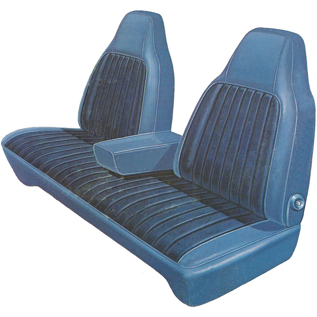 Seat Upholstery, Front Split Bench with center armrest (Shallow Elk grain inserts and Coachman grain skirts). Valiant Deluxe.  Swinger / Dart Custom 4-dr & Scamp.  Additional surcharge on metallic green and metallic Parchment - please inquire.