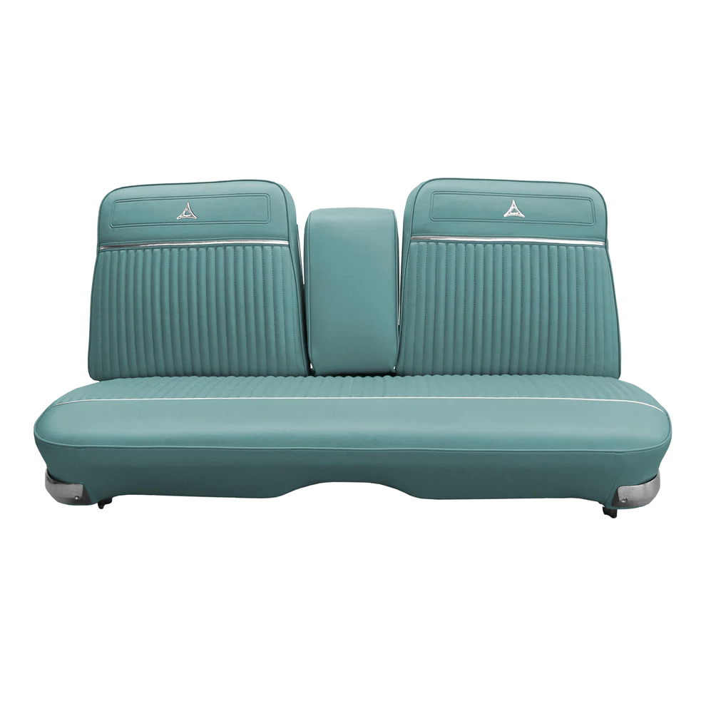 Front Split Bench upholstry with Center armrest.  Bison grain inserts with heat sealed chrome emblems, chrome accent bands & Bison grain skirts.  Note:  Light Metallic color upholstry quoted only upon request....
