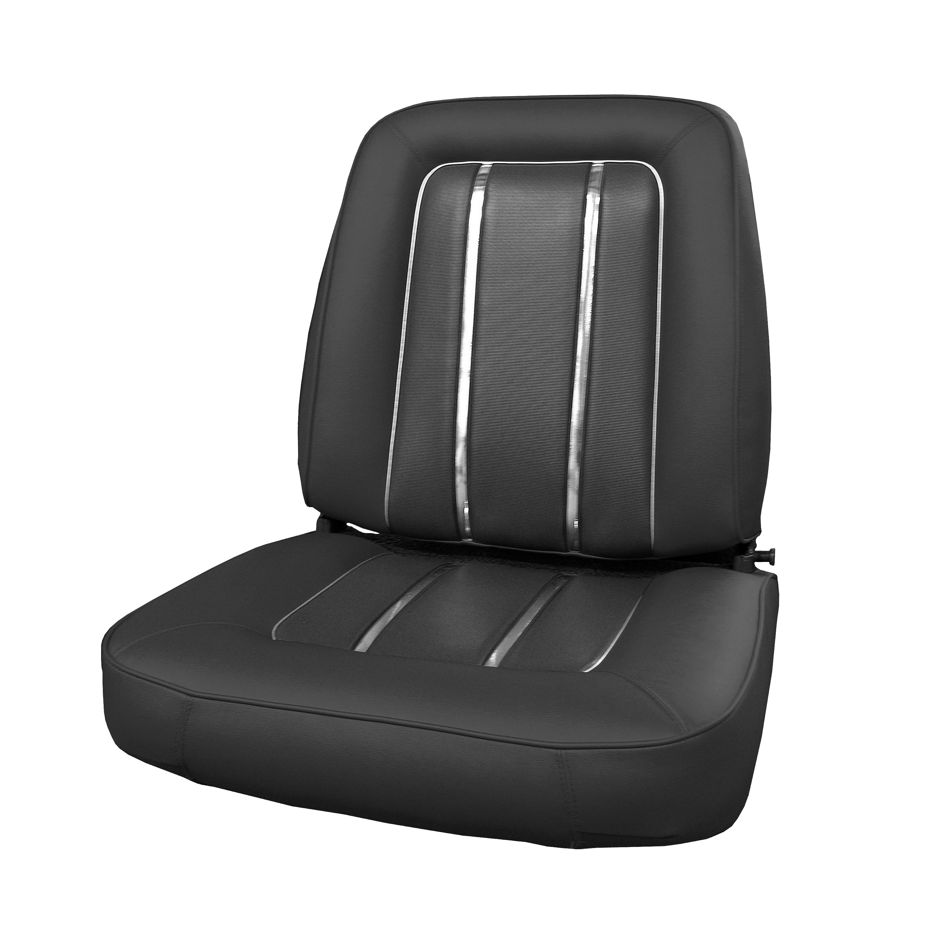 Front Bucket Seat covers (pair)- Valiant Signet versions - 1/16 rib grain inserts with the heat sealed chrome accent band, silver tinsel accent welt & Bison grain vinyl skirts.
Note Dark Metallic Brown is available but at a surcharge price.