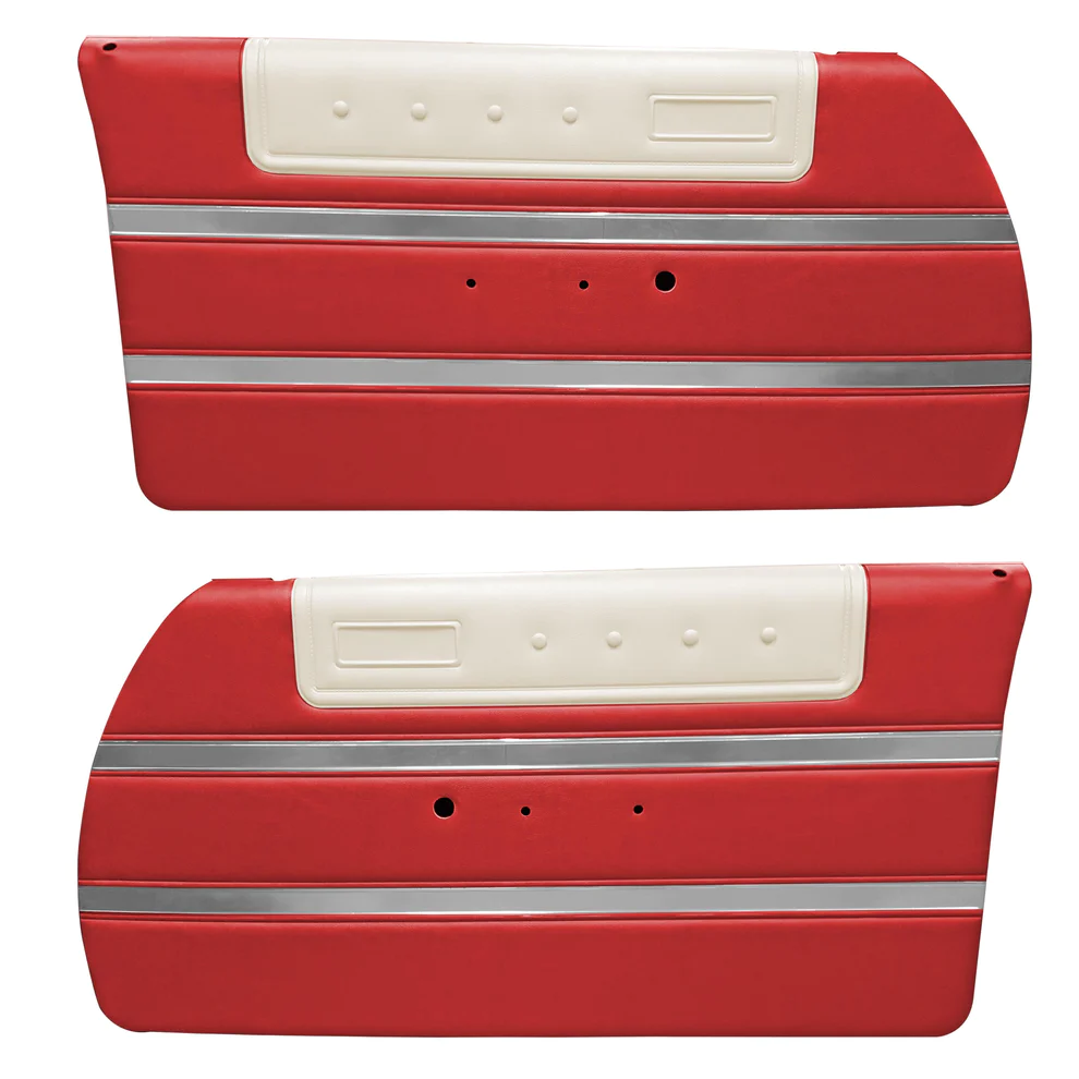 Front Door Panels (Crimson Red).These panels don't come w/the stainless molding-you will have to reinstall your old ones after polishing them. Also, the top metal rails would have to be provided in order to mount the new panels