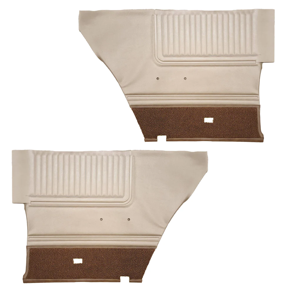 Rear door panels. Pair. Hardtop only. Die-electrically heatsealed Cologne grain uppers and Bison grain middle w/carpeted lower section.