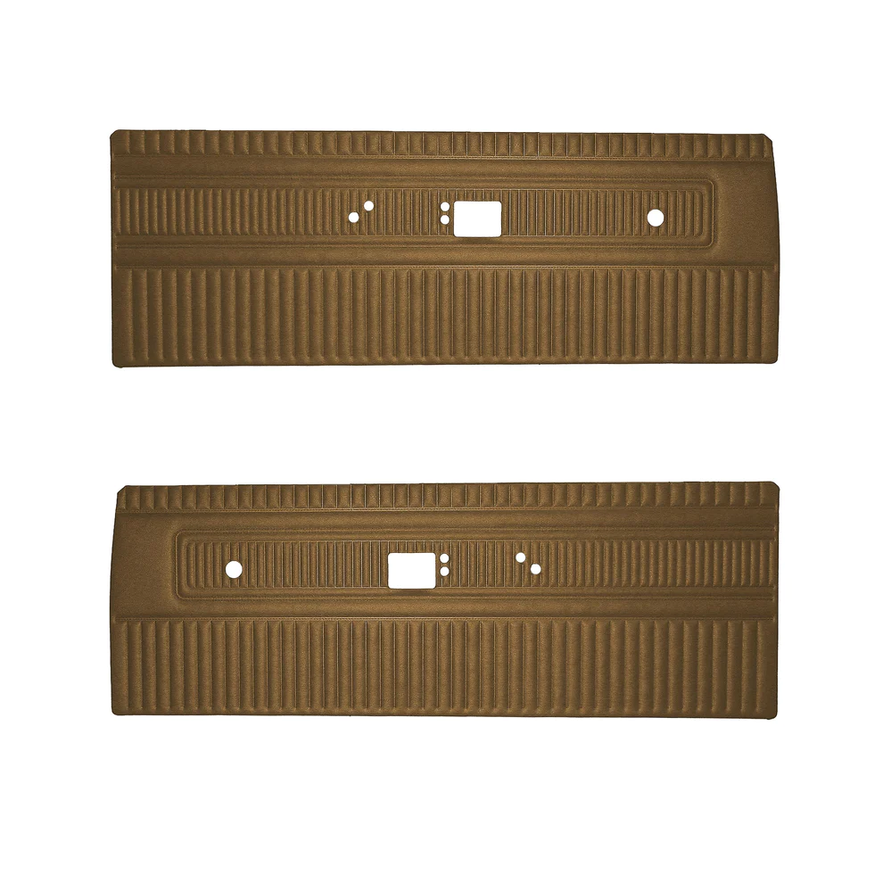 Front door panels. Pair
1969-70 Valiant 100, Dart Swinger, & Swinger 340
Die-electrically heat-sealed Coachman grain vinyl.  Special cutout area in filler board to
accommodate armrest base. Padded Multi-Level Construction
3-Dimensional Panel.

Note, some colors are only available for certain years. 
Make note of color choice in NOTES box.
100-Black (69-70)
154-Charcoal (69)
332-Light metallic blue (69-70)
432-Light metallic green (70)
650-Saddle (69)
656-Brown (70)

Choose color selection at time of order or place in notes for web type orders.