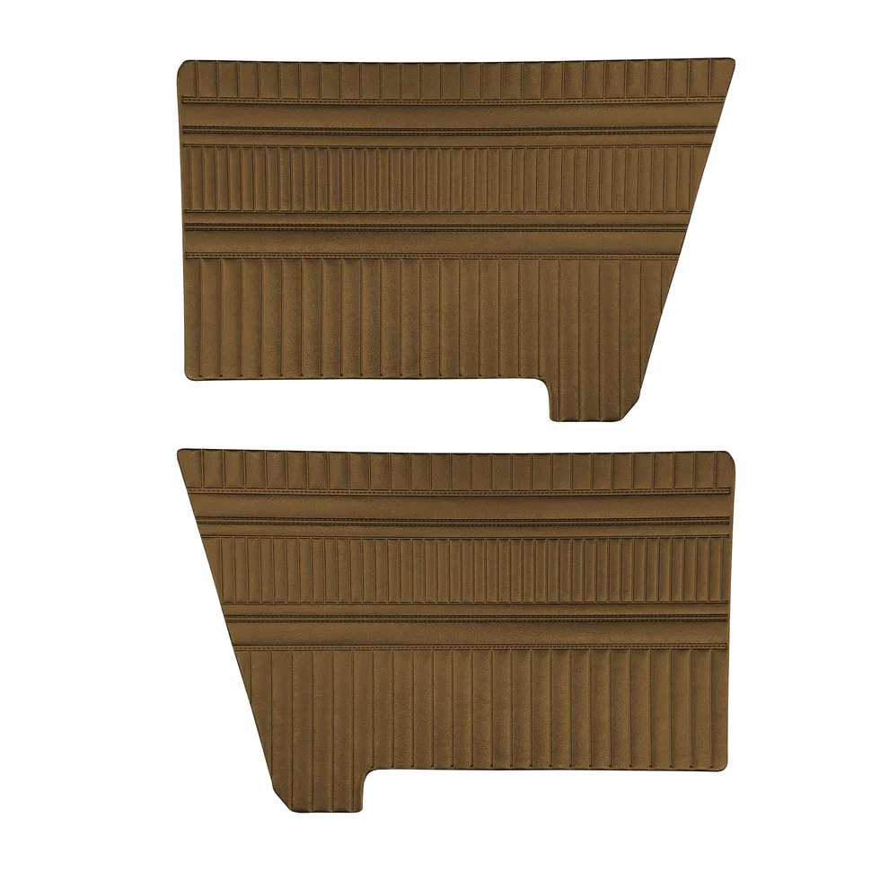 Rear door panels. Pair.
1969-70 Valiant 100, Dart Swinger, & Swinger 340
Die-electrically heat-sealed Coachman grain vinyl.

Note, some colors are only available for certain years. Make note of color choice in NOTES box.
100-Black (69-70)
154-Charcoal (69)
332-Light metallic blue (69-70)
432-Light metallic green (70)
650-Saddle (69)
656-Brown (70)

Choose color selection at time of order or place in notes for web type orders.