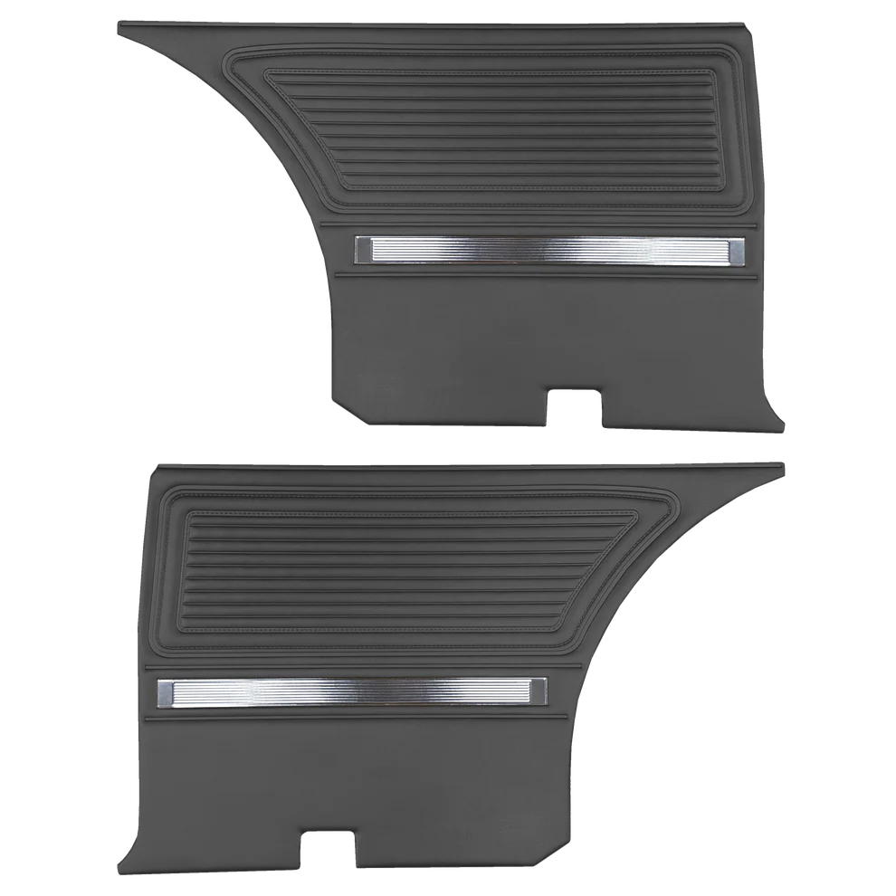 Rear door panels. Pair. Fastback. Bucket style seats
Die-electrially heat-sealed Cologne grain vinyl with chrome accents. 
All colors except Black 5% extra.
Choose color selection at time of order or place in notes for web type orders.