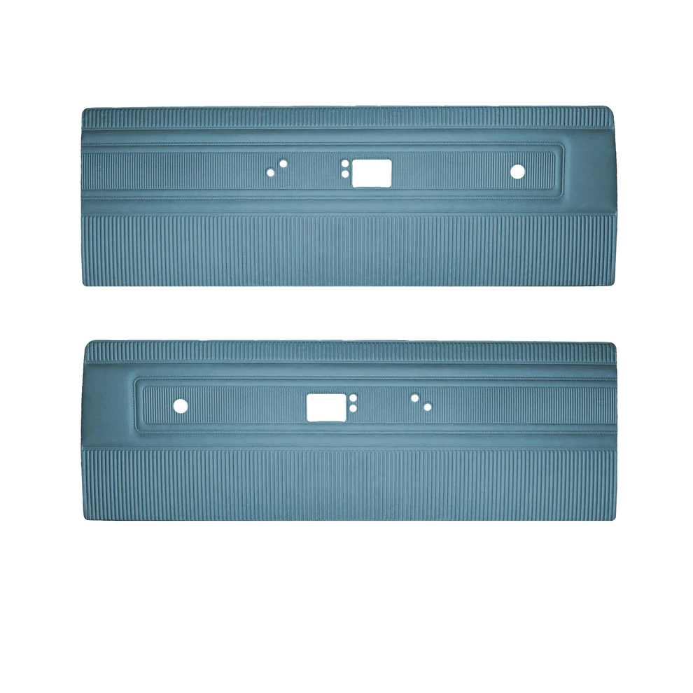 Front door panels. Pair. Die-electrically heatsealed Cologne grain.  Bench Style - small vertical lines over entire bottom of panel.  1967 "Canadian" Valiant and 1968 Valiant 100 vehicles.

Choose color selection at time of order or place in notes for web type orders.