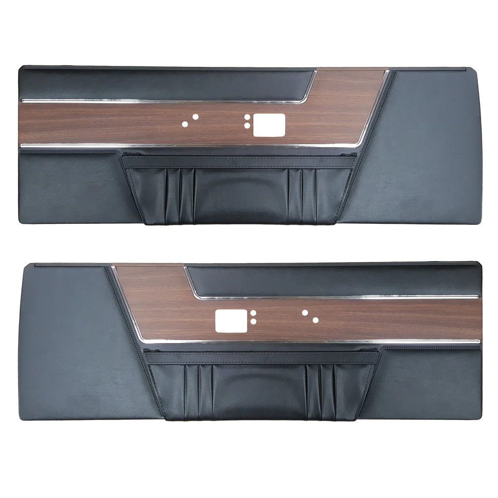 Front door panels. Pair. Deluxe Bucket style
Die-electrically heat sealed Coachman grain vinyl with wood grain inserts and (2) chrome accent bands with map pockets (press pleated)