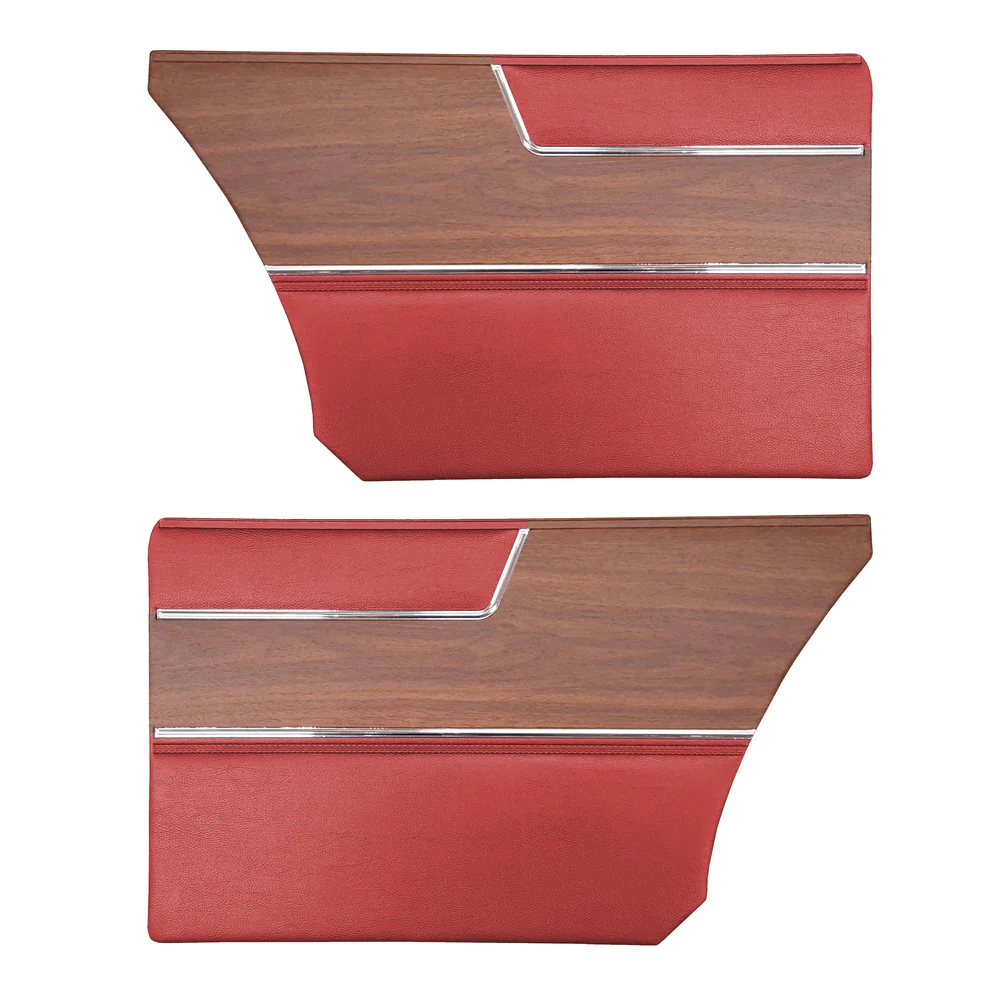 Rear door panels. Pair. Deluxe style. Notchback
Die-electrically heatsealed Coachman grain vinyl with woodgrain insert, chrome accent bands.