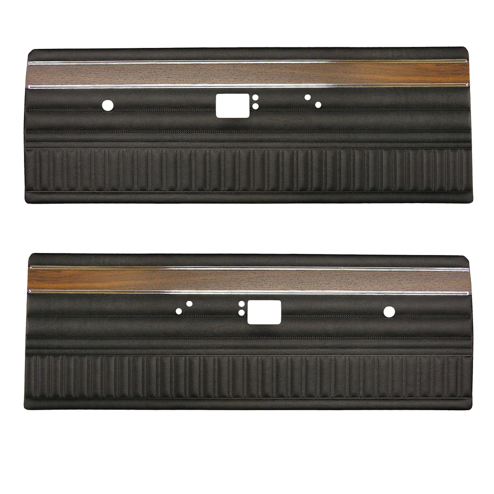 Door panels - Coachman grain with Woodgrain and chrome accents (Knurled) version on the chrome...

Swinger / Scamp - Bench Style
Demon / Demon 340 / Duster / Duster 340 - Bench & Bucket style seats.

Specify color choice at time of order or place in notes for web type orders.