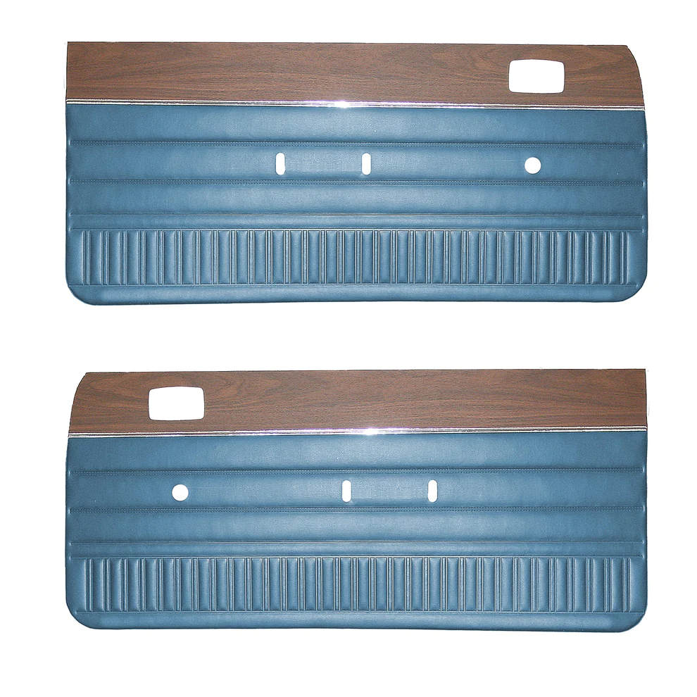Front door panels. Pair. 
Die-electrically heat-sealed coachman grain vinyl with woodgrain and chrome accents.

Duster / Duster 340 / Dart Sport - Bucket & Bench Style
Swinger / Scamp - Bench Style

Please indicate color choice in NOTES box for web orders.

**NOTE: Color choice 671-Honey Gold, requires a sample approval.

NOS Color choice 672-NOS Honey Gold, is an additional $250.00.