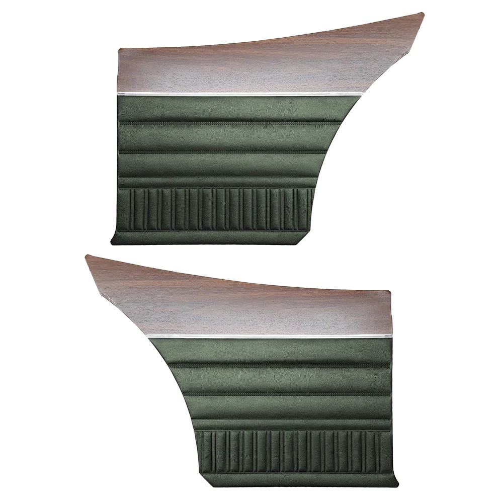 Rear panels (pair) - die-electrically heat sealed Coachman grain with woodgrain and chrome accent front panels - match for the rear.  Bench or Bucket seat style.

Duster / Duster 340 / Dart Sport

Additional charge of $150 for NOS material colors #672