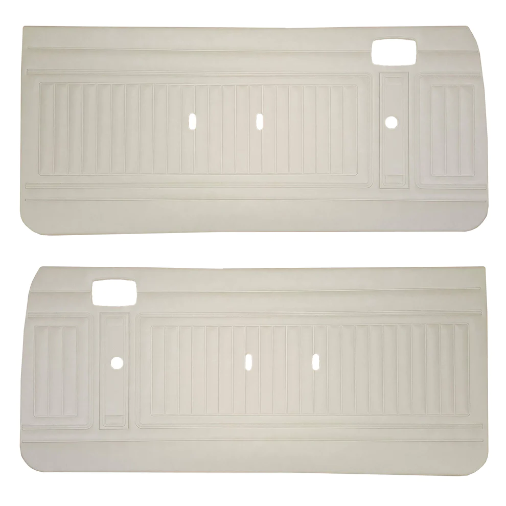 Front door panels. Pair. Bucket & Bench style.
Die-electrically heat-sealed oxford grain vinyl w/aluminum emblem.

*Note: Customer must supply original factory aluminum emblem.

Please indicate color choice in the NOTES box.

**NOTE: For NOS color options Parchment, Light Metalic Green and Ember Gold there is an additional charge - call to inquire.

Place color selection in notes for web type orders.