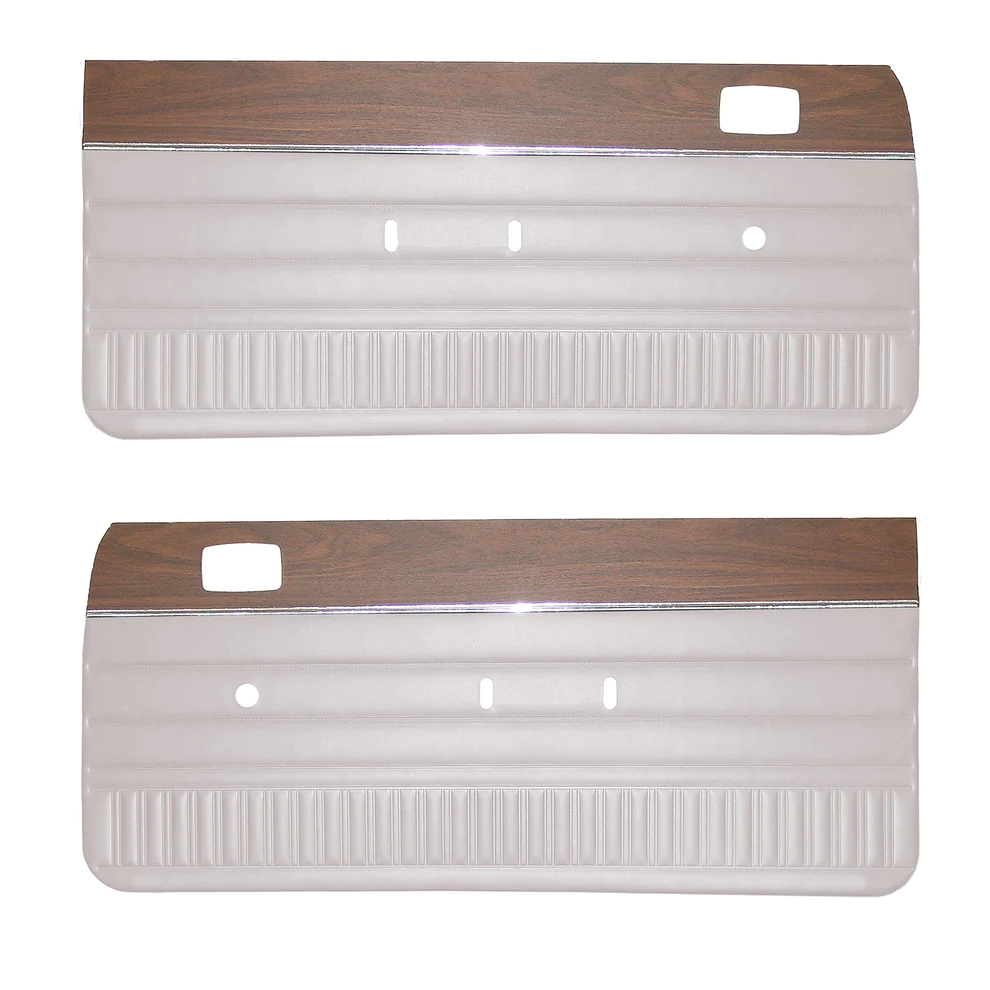 Front door panels. Pair. Bench Style for 1974 Scamp / Swinger - Bucket or Bench style for Duster / Dart Sport and 75-76 Swinger and Scamp.

Die-electrically heat-sealed oxford grain vinyl with woodgrain and chrome accents.

Please indicate color choice in the NOTES box.

**NOTE: For NOS color options Parchment , Ember Gold, Honey Gold and Light Metallic Green there is an additional surcharges - call to inquire.