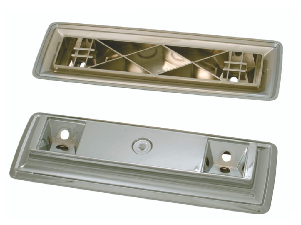 Armrest Bezel - Chrome - 9” Rear - Driver or Passenger Side - All 67-70 models that require rear armrest bezels - Pair - New Reproduction