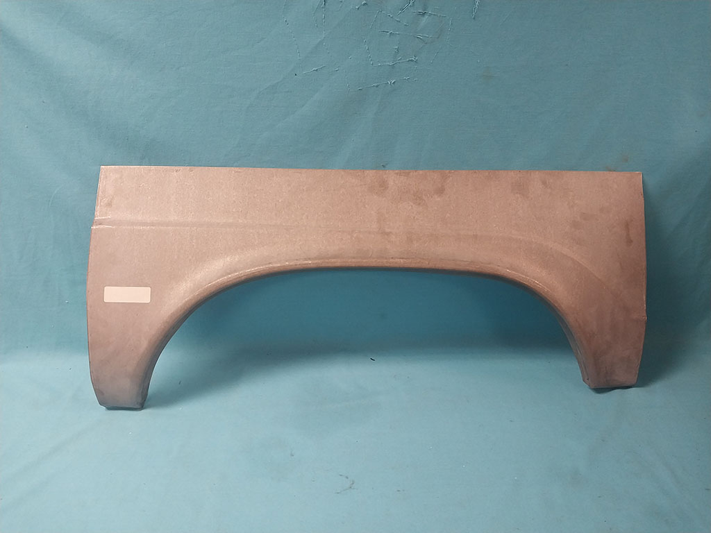 Passenger side Wheel Well Patch Panel.
New Die Stamped Quarter panel patch panels. 
37" long x 15.5" tall. 
Covers the entire wheel lip area with 3" additional sheetmetal all the way around--square cut.
Made in the USA!