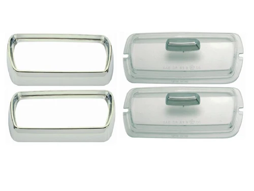 Front parking assemblies - both sides (pair).  That's lenses and bezels both. Front 1969 Parking assembly is made up of the front parking lens and the outer chrome bezel.  We do not have the Housing that the bulb fits into at the present time