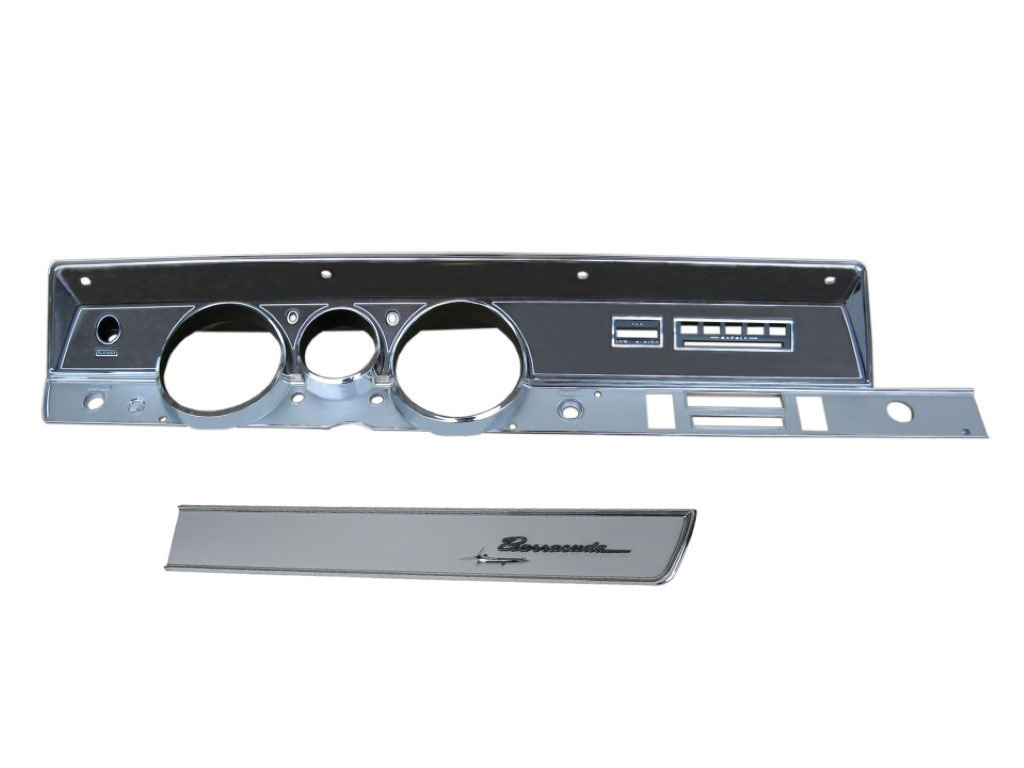 Dash Bezel Barracuda A/C Instrument Bezel *& Glovebox bezel - woodgrain option.  Pictured are both the instrument bezel and the glovebox bezel - glovebox bezel can be purchased Separately...Discount exempt
Note:  Bezel does NOT come with any lenses - that includes indicator lenses as well.