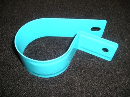 Space-saver spare tire air canister hold-down bracket.  Die-stamped steel and painted in the correct 
turquoise.