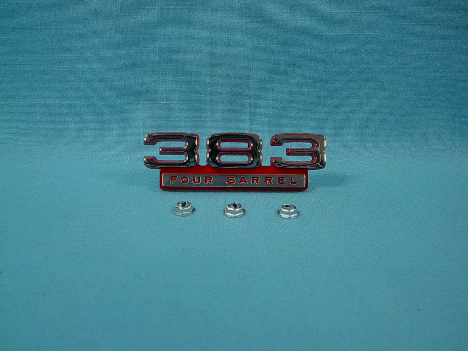 "383 Four Barrel" nameplate on fenders - Red on chrome. (discount exempt)