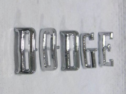 "DODGE" deck lid letter set.  Reproductions of Chrysler original part Number ["D"-#2784 164, "O"-#2784 163, "G"-#2784 165, "E"-#2784 166]