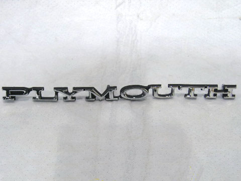 "PLYMOUTH" hood emblem (trunk Roadrunner emblem as well)
Original part number 2785 791. Goes on Header panel for 1968 Barracuda (Chrome surface with black painted edges)  For GRILL nampelate on 1970 Roadrunners. - Discount exempt