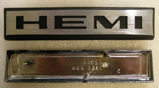 "Hemi" fender / Door panel emblem - This emblem is 5-1/4" wide and 1-1/8" tall.  Thickness at top is 1/8" and at bottom is 5/16".  The pin layout is in the bottom picture where the HEMI lettering would be upright like the top picture. (discount exempt)