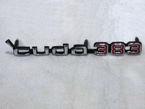 "Cuda 383" hood nameplate with shaker hood.  The pins are longer for the Shaker hood.  Can also be used for the sport hood and if a big concern can clip off the excess length of the pins after installation.  Sold each.