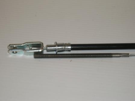 Park Brake Cables - Front - 67-69 Barracuda, 70 Duster - Overall length 92".  Case length 40-1/4".  Flat spiral case with threaded rod on one end and gold cadmium-plated clevis end on the other.  No grommet to firewall included.  See part # EQ-EBCG for emergency Brake Cable Grommet.