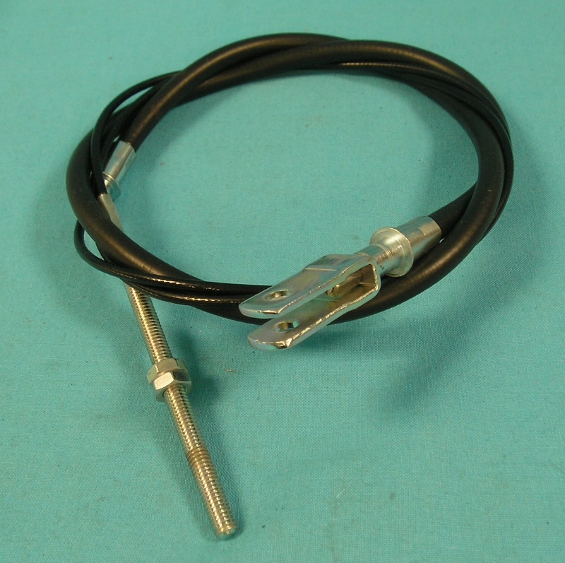 Park Brake Cables - Front - Overall length 89". Case length 36-1/2". Flat spiral case with threaded rod adjuster on one end and gold cad-plated clevis connector on the other end. Aftermarket.