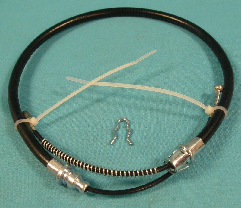 Park Brake Cables - Rear - Driver side - Overall length 37-1/2". Case length 23-5/8". Flat spiral case with threaded rod on one end and gold cad-plated clevis end on other - includes tension spring - aftermarket.  This cable on some models may be too short by 2" aprox.  No option 2 unless used by our yard.  Way to solve this is move back plate back 2" for the passenger side so that both driver and passenger are not equal to each other.