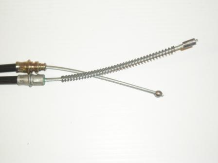 Park Brake Cables - 71-74 A-Body Front and 71 E-Body Rear - Models with drum brakes. Fits left or right side for E-body which use 2 per car. Overall length 36". Case length 22-1/4". Flat spiral case with 12" rubber sleeve, includes tension spring. Aftermarket.