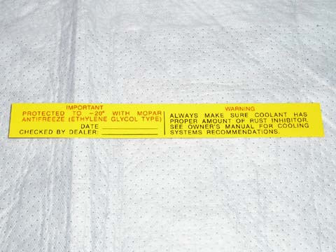 "MOPAR" Antifreeze Decal Yellow/Red/Black.  This decal has written on it "Protected to -20 F with Mopar antifreeze...etc".