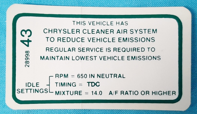 Emissions Specifications Decal - 1968 273 2-bbl with A/T. Original part #2899843 - Reproduction.