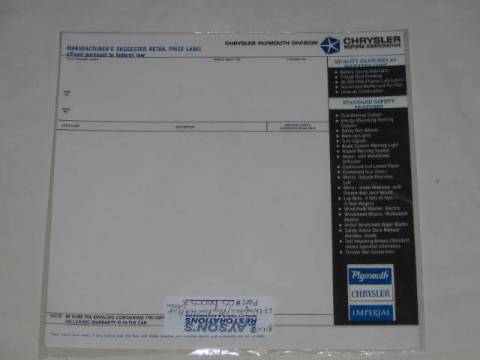 Chrysler/Plymouth- New Vehicle Price Sticker