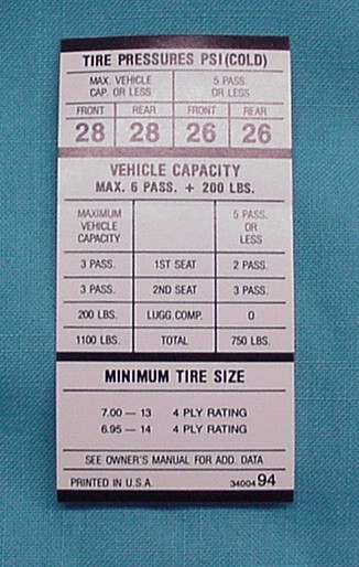 700X13, 695X14 Tire Pressure Decal - Chrysler original part #  3400 494
