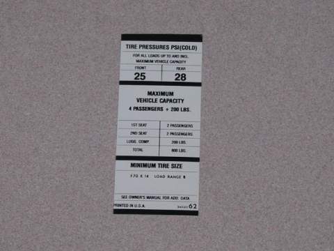 Tire Pressure Decal - F70X14 Original Part# 3402 062