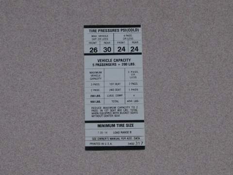 Convertible 735X14 Tire Pressure Decal 3402 317