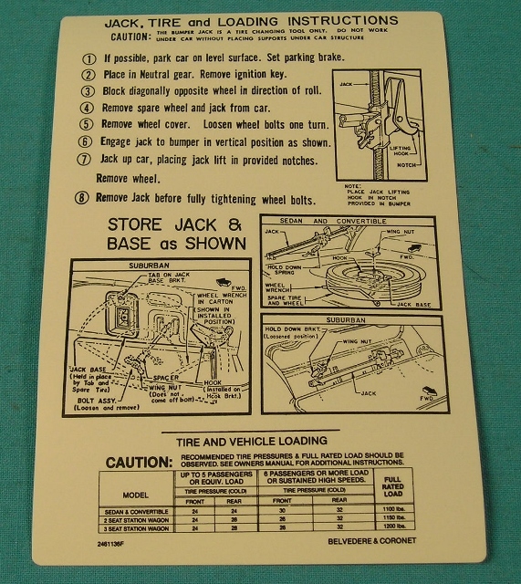 Jack instruction Decal - original Chrysler part #2461 136F