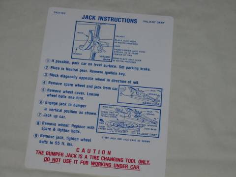 Jack instruction Decal - Orignial Chrysler part #29351 180 (all)