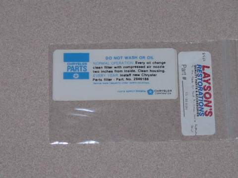 Air Cleaner Decal, Reg Car Air Cleaner Service Instr. Decal Blue/Black