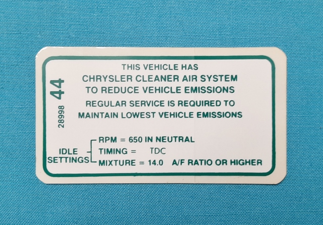 Emissions Specifications Decal - 1968 225 (all), 1969 318 with A/T, 1968 383 4-bbl with M/T, 1969 225 with A/T and 1970 225 with A/T (early-style decal). Original part #2899 844 - Reproduction