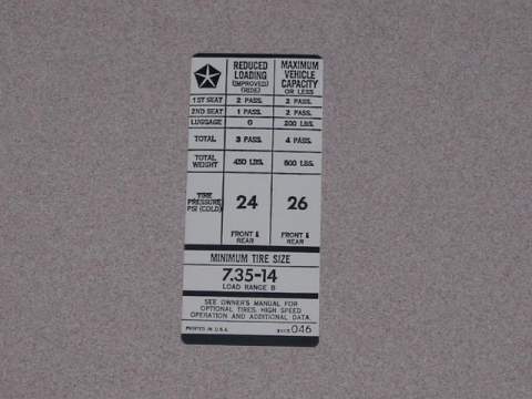 Tire Pressure Decal, A-Body 735X14 - 3815 046