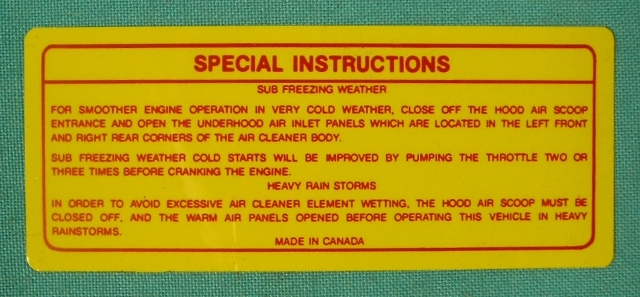 Air Cleaner Decal - Six-Pack Air Cleaner Special Inst. Decal