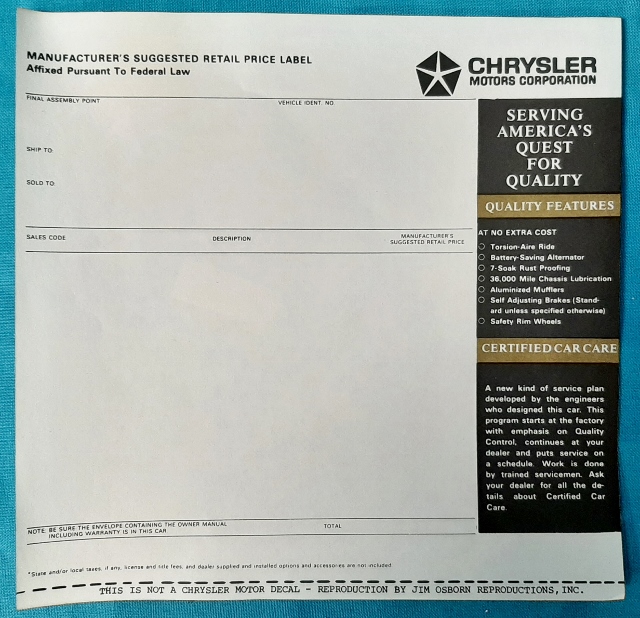 New Vehicle Price Sticker - Chrysler/Plymouth-