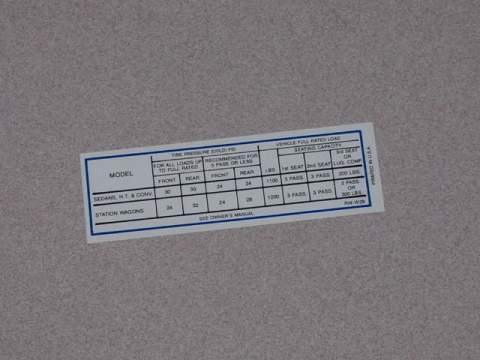 Tire Pressure Decal, Early Belvedere/Coronet- RW-W29