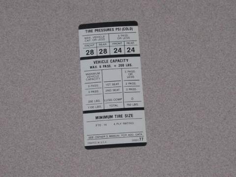 F70X14 Tire Pressure Decal