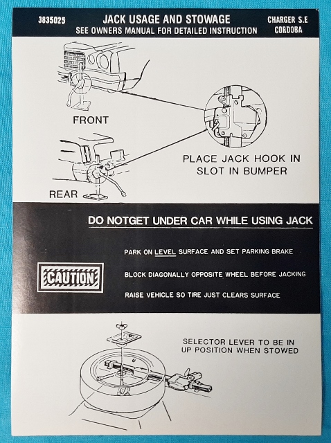 Jack instruction Decal - (Charger SE model) - Original Chrysler part #3835 025