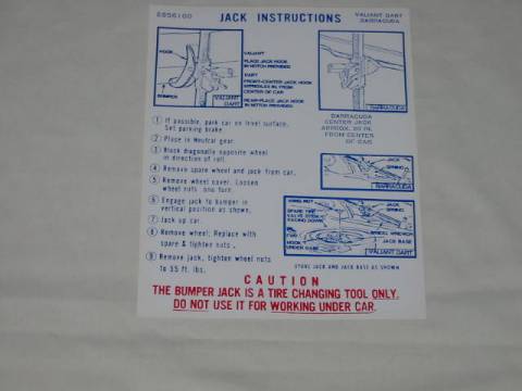 Jack instruction Decal - Original Chrysler part #2856 100 (all)