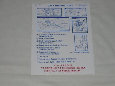 Jack instruction Decal - Original Chrysler part #2856 484